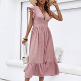 V-Neck Slim Slim Slit Solid Color Long Dress