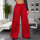 Solid Color High-Waisted Loose Denim Trousers