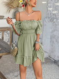 Vacation-Style Ruffle Sleeve Solid Color Dress