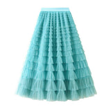 White Tulle Tiered Pleated A-Line Maxi Skirt_Cwbms0369