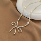 Womens Pearl Beaded Vintage Bow Necklace