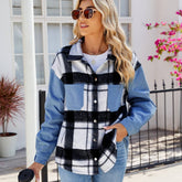 Washed Plaid Denim Long-Sleeved Coat