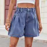 Washed Loose Irregularly Pleated Denim Shorts