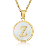 Cwaje1934_Round Stainless Steel White Shell Letter Necklace