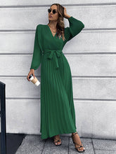 V Neck Long Sleeve Pleated Belted Midi Dress