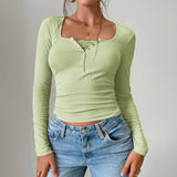 Y2K Slim Trim Lace Button U Neck Ribbed Top