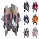 Women Color Plaid Tassels Split Warm Shawl