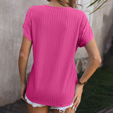 Womens V Neck Pullover Jacquard Short Sleeved Top_Cwtts0897