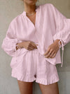 Cotton Linen V-Neck Lantern Sleeve Shorts Suit