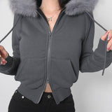 Woolly Patchwork Zipper Hoodie Coat Lady