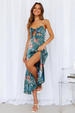 Stylish Sexy Deep V Printed Bow Back Split Dress