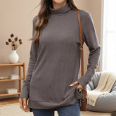 Solid-Color High-Neck Long-Sleeved Slit T-Shirt