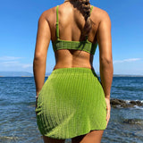 METAL RING BIKINI SET GREEN 3 PIECE SWIMSUIT_CWMW0720