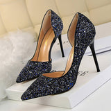 Women Pointy Side Hollowed Sequined High Heels
