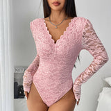 SOLID COLOR LACE LONG SLEEVE HOT GIRL SLIM BODYSUIT_CWMM4627