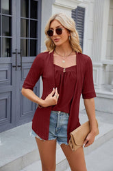 Square Collar Button Patchwork Mid Sleeve Shirt_Cwtsts0284