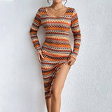 Stylish Wavy Color Striped Slim Longsleeved Dress