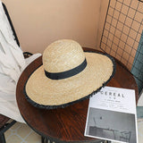 BLACK FUR EDGE OUTDOOR SHADING FASHION STRAW HAT_CWAH1173