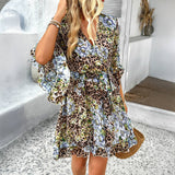 Vacation Floral Tie Waist Chiffon Short Dress