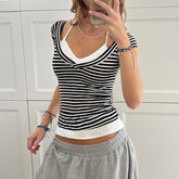 V-Neck Stripe Color Patchwork Fake Two T-Shirts