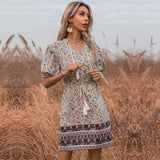 Tailored Floral Dress With Fringe V-Neck Lace-Up