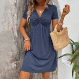 Twisted Pleated Chest Cinched Waist V-Neck Dress