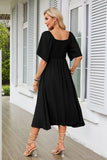 V-Neck Bow Pleated Mid-Length Short-Sleeved Dress
