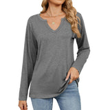 V-Neck Color Cotton Long Sleeve Loose T-Shirt