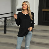 Solid Color U-Neck Pleated Long Sleeve Top