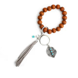 BOHO TASSEL KEYCHAIN WITH LEAF CHARM AND WOOD BEADS_CWAB5087