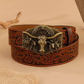 Vintage Embossed Belt Engraved Bull Head Style Belt_Cwmm3943