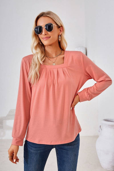 Cwtbll2409_Solid Color Square Neck Pleated Long Sleeve Top