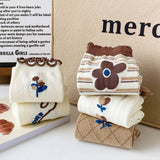 White Coffee Color Floral Print Crew Socks_Cwms0298