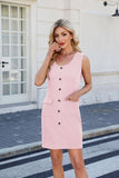 Solid Color Crew Neck Button Pocket Tank Dress