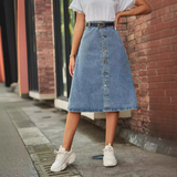 Washed Denim Button Front Skirt For Women Slim_Cwjsk0202