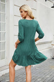 Solid Color Dress With V-Neck Pleats And Ruffles