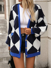 V-Neck Diamond Check Patchwork Color Cardigan