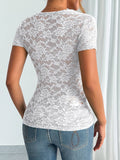 Solid-Color Lace V-Neck Short Sleeve Lace T-Shirt