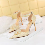 Women Retro Rhinestone Pearl Flower High Heels