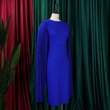 PLEATED ROUND NECK ELEGANT HIP HUGGING TIGHT DRESS_CWDMD3701
