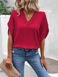 Solid Lace V-Neck Flared Sleeves Loose Blouse