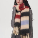 Women Contrasting Striped Fringed Plaid Scarf