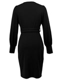 V-Neck Long-Sleeved, Belt-Hugging Knitted Dress