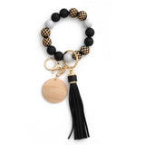 CHECKERBOARD WOOD BEAD BRACELET SILICONE KEYCHAIN_CWMM6877