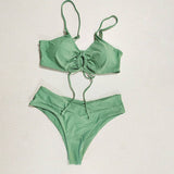 Tied Bow Bikini Set-Solid Color Sexy Swimsuit_Cwmw0189
