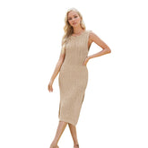 Solid Color Mid-Length Crew Neck Sleeveless Dress