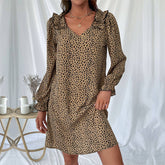 V-Neck Leopard Print Dress With Lotus Sleeves