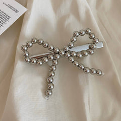 Silver Pearl Bow Hair Clip Duck Beak Clip