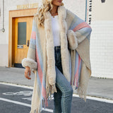 Womens Hooded Cape Striped Knitted Fringe Shawl