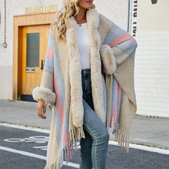 Womens Hooded Cape Striped Knitted Fringe Shawl